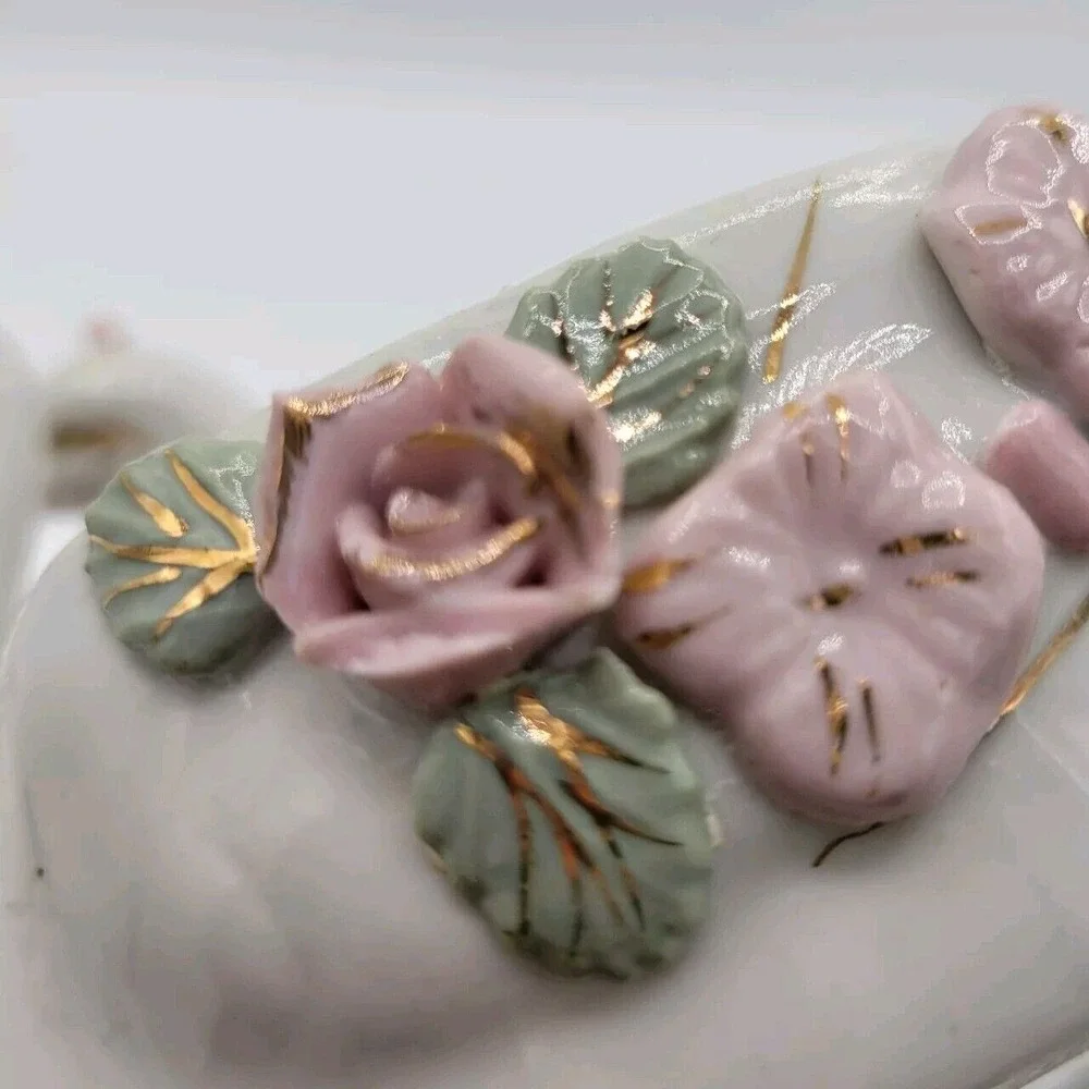 Vintage Double Swan China Trinket‎ Dish Vase With Flowers Collectible Home Decor